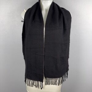 Neiman Marcus Cashmere Rectangular Scarf Unisex Black Textured Fringe Vtg USA